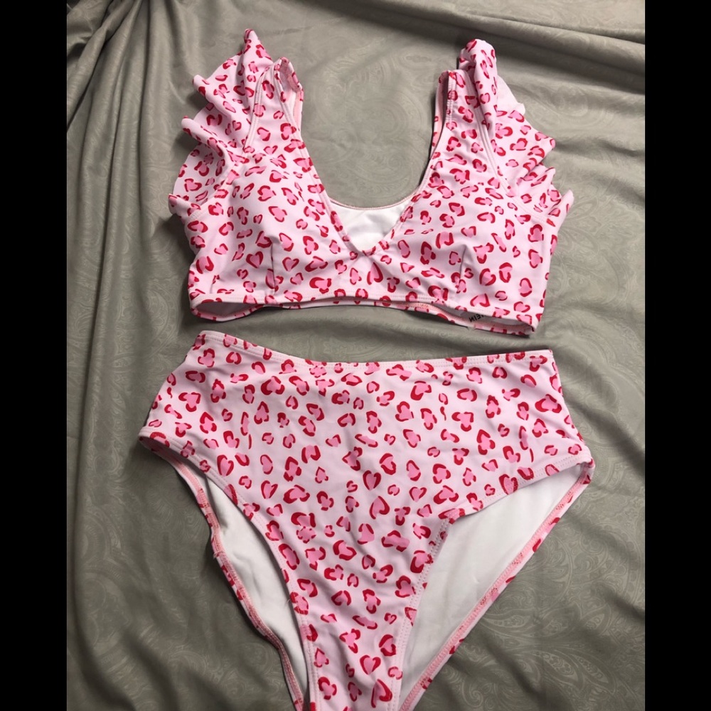 Shein Hot Pink Cheetah Ruffle Bikini